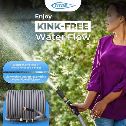 TITAN Garden Hose | Flexible, Lightweight, Kink-Free & Durable Hybrid Water Hose with Heavy Duty Brass Connectors & High-Pressure Jet Nozzle (50FT x 5/8”)