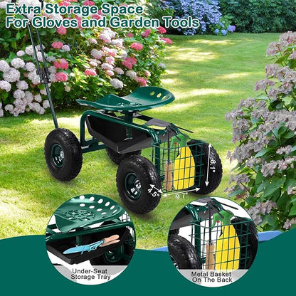 Outvita Garden Cart Rolling Workseat with Wheels, Gardening Stool with Adjustable 360 Degree Swivel Seat, Extendable Handle, Tool Tray & Storage Basket, Gardening Scooter for Yard, Planting, Green