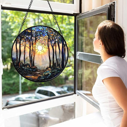 Stained Glass Window Hanging, Forest Sunrise Smoke Blue Brown Tree Suncatcher for Doors Window Home Landscape Sun Catchers Decor Mother's Day Birthday Gifts for Women, Men Mom 11.8 in