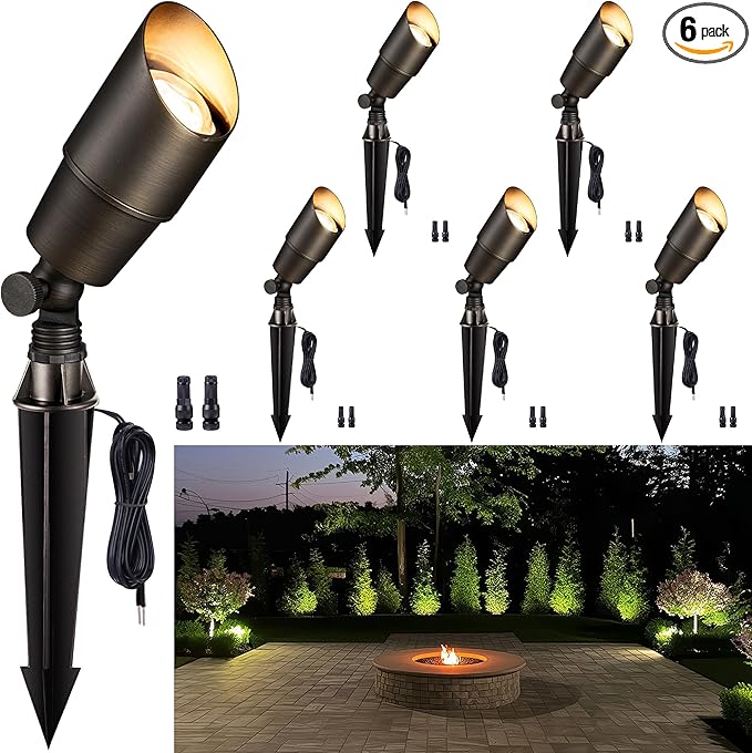 Gardenreet Solid Brass Spot Lights - Low Voltage Landscape Spotlight Outdoor, 12V LED Uplights Wired, Waterproof Electric Bronze for Patio Wall Without MR16 Bulb (6 Pack)