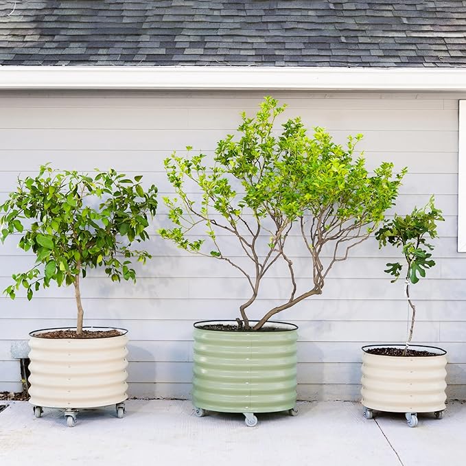 Rolling Metal Citrus Tree Planter Pot, 24″ Round Planter Box for Porch Patio & Backyard, 30 Gallon Large Planter Pot with Wheels for Growing Trees Tomatoes Vegetables and Flowers, Pearl White
