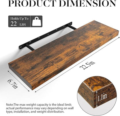 BAYKA Floating Shelves for Wall, 22.5 Inch Rustic Wood Wall Mounted Shelving for Bathroom, Bedroom, Living Room, Kitchen & Book, Hanging Display Decor Shelf with 22 lbs (Rustic Brown,Set of 3)