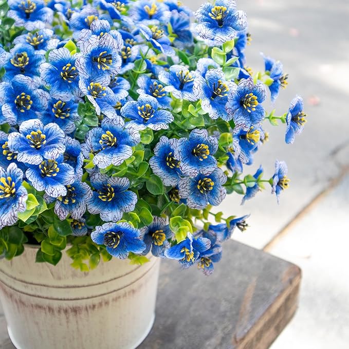 Faux Flowers for Outdoor Planters, Artificial Flowers for Outdoors, 12 Bundles Outdoor Flowers Uv Resistant, Blue, UV Resistant Fake Plant