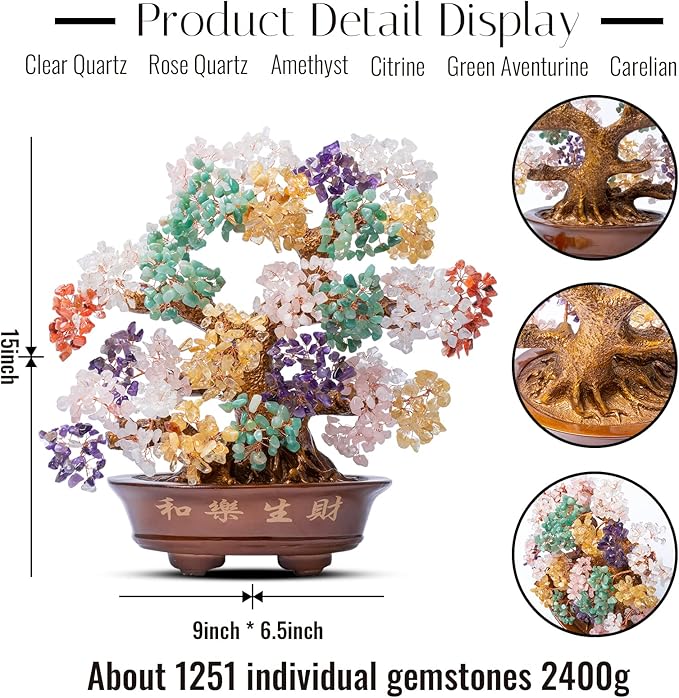 Natural Large Chakra Crystal Tree14, Included Lucky Coins Chain, Tree of Life(1251 Gemstone Count) with Healing Properties- Bonsai Feng Shui Money Tree for Good Luck and Wealth