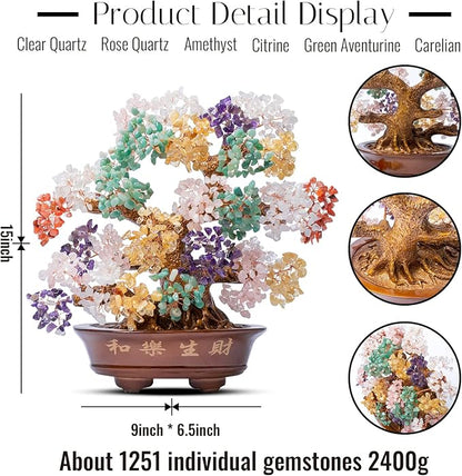 Natural Large Chakra Crystal Tree14, Included Lucky Coins Chain, Tree of Life(1251 Gemstone Count) with Healing Properties- Bonsai Feng Shui Money Tree for Good Luck and Wealth