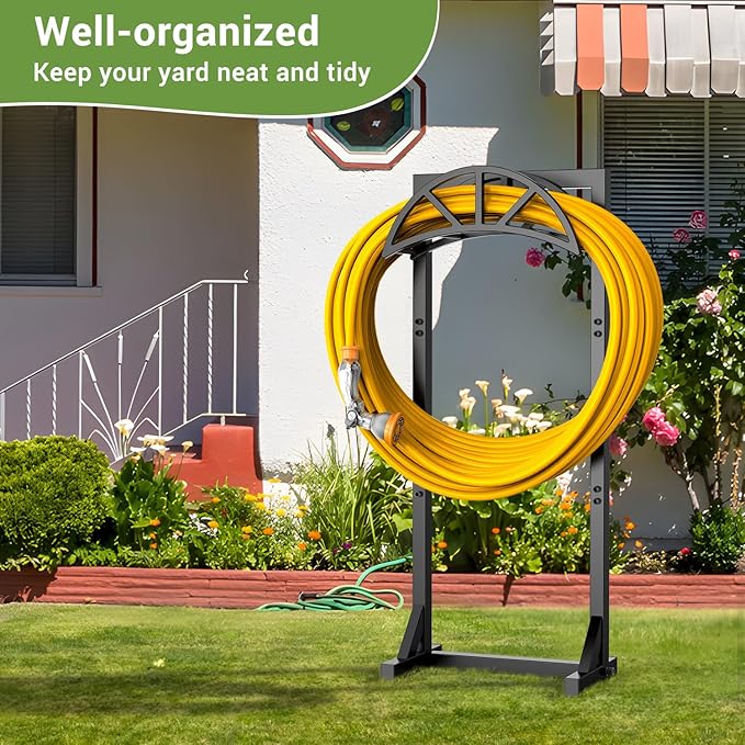 Garden Hose Holder with 4 Spikes, Water Hose Holders for Outside, 150ft Garden Hose Storage Heavy Duty Hose Hanger Metal Hose Stand Detachable Hose Reel Rack Organizer