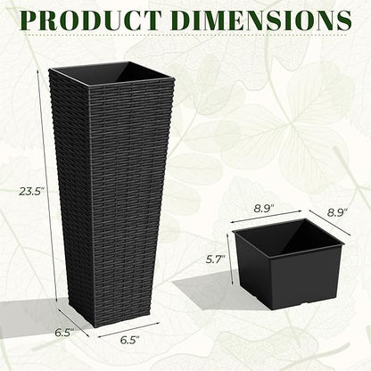 JUMMICO Set of 2 Resin Rattan Tall Planters for Outdoor Plants, Large Tapered Planters with Drainage Holes&Inner Trays, Flower Pots for Garden, Patio, Porch, Backyard (Black, 24'')