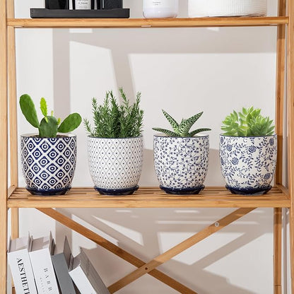 Ceramic Succulent Planter Pots - 4.6 Inch Small Flower Pot with Drainage Holes and Saucers for Indoor Plant, Cactus, Herbs, Outdoor Plants, Home Decor, Set of 4, Vintage Blue