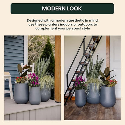 Beuta Large Planters for Outdoor Plants - Set of 3, 15.5/18/20.5 Inches Outdoor Planters for Porch - Tall Planter for Outdoor & Indoor Plants | Large Indoor Plant Pot - USA Made - Grey