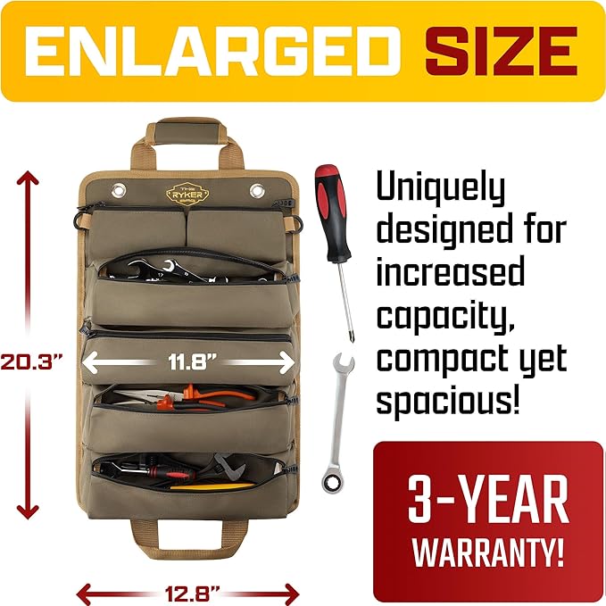 The Ryker Roll Up Tool Bag Organizer - Personalized Customized Name Gifts for Him/Men/Dad Gifts Roll Up Small Tool Bag Organizer Tools Bags gift for Mechanic, Electrician, Plumber or Hobbyist