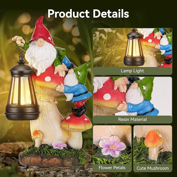 Garden Gnomes Outdoor Statues with Light, Gnomes Decorations for Yard, Solar Garden Gnome Climbing on Mushroom, Lawn Ornaments for Patio, Balcony Housewarming- Unique Women Gifts