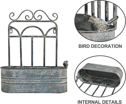 Rustic Metal Wall Planter Country Garden Wall Hanging Mount Vase Pocket Outdoor Vintage Hanging Pot Farmhouse Wall Decor for Plants Flowers (Blue)