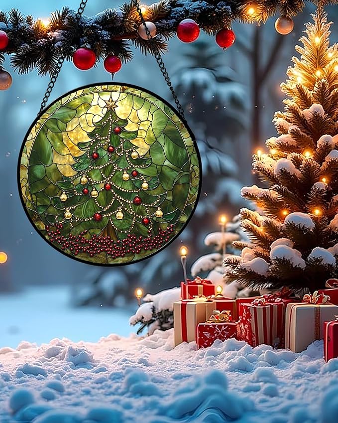 Stained Glass Window Hanging - Retro Green Christmas Tree Suncatcher for Doors Home Christmas Decoration Sun Catcher Thanksgiving New Year Birthday Gifts for Women Men Mom Nana 6.3 in