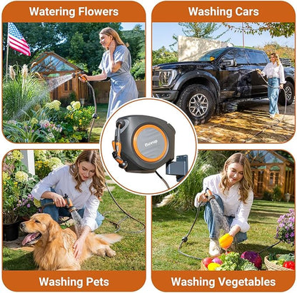 Ruvup Retractable Garden Hose Reel,1/2in x 150ft Water Hose Reel with Metal Bracket, UV Resistant Automatic Hose Reel Wall Mount for Outside, Slow Retraction Any Length Lock 10 Spray Nozzle