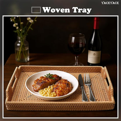 Rattan Tray, YACEYACE Woven Tray with Handles Bulk, Rectangular Small Rattan Serving Trays for Home, Ottoman, Coffee Table, 13.3" H x 9.4" L x 1.6" W
