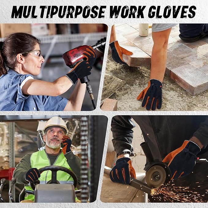 HLDD HANDLANDY 2 Pairs Leather Work Gloves for Men & Women, Reinforced Durable Palm for Welding, Farm, Gardening, Driving