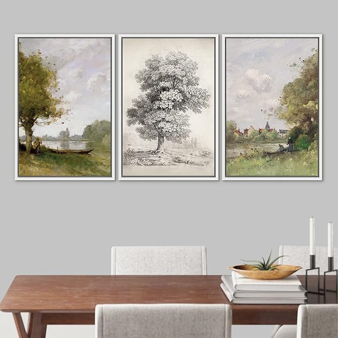 Ashbrook Framed Canvas Print Wall Art Set Forest Tree Field Nature Wilderness Illustration Fine Art Decorative Floral Botanical Garden Vintage for Living Room, Bedroom, Office - 16"x24"x3 White