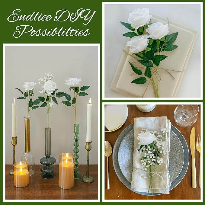 HyeFlora 35 PCS White Roses Artificial Flowers 15 PCS Fake Baby Breath Realistic Fake Flowers Bouquet with Stem for DIY Wedding Party Home Decoration Vase Tables Centerpieces Arrangements Gift for Her