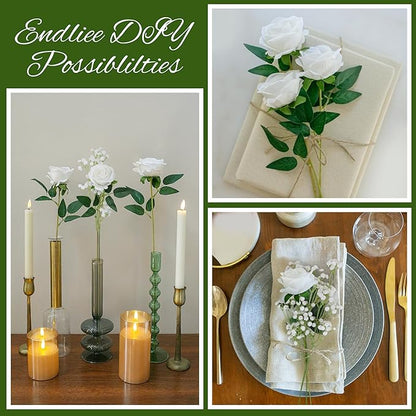 HyeFlora 35 PCS White Roses Artificial Flowers 15 PCS Fake Baby Breath Realistic Fake Flowers Bouquet with Stem for DIY Wedding Party Home Decoration Vase Tables Centerpieces Arrangements Gift for Her