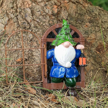 Gnome Open The Door Garden Decor Resin Tree Faces Decor Outdoor Fairy Garden Patio Lawn Porch (Blue)