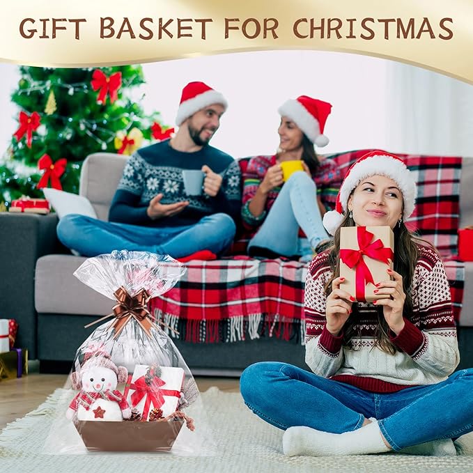 AFOROEOA 10PACK Baskets for Gifts Empty, 10x12”Thick Brown Gift Basket with Handles 10 Bows 10 Bags Empty Gift Baskets for Christmas Thanksgiving Wedding Birthday Party Wrapping Gift