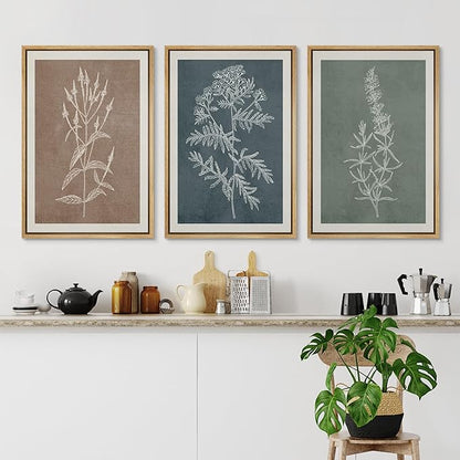 Ashbrook Framed Canvas Print Wall Art Set Duotone Forest Wildflower Farmhouse Decor Nature Wilderness Illustrations Modern Art Floral Botanical Calm/Relax/Cozy for Bedroom - 16"x24"x3 NATURAL