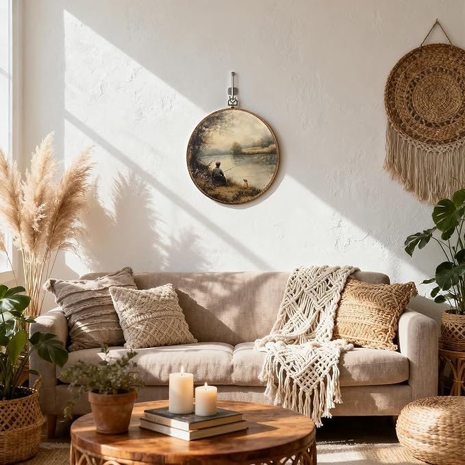 DEQSX Vintage Farmhouse Lakeside Round Wall Art, Rustic Countryside Little Boy Fishing with Dog Wall Decor Canvas Prints Posters for Home Bedroom Living Room, 10x10 Inches
