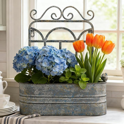 Rustic Metal Wall Planter Country Garden Wall Hanging Mount Vase Pocket Outdoor Vintage Hanging Pot Farmhouse Wall Decor for Plants Flowers (Blue)