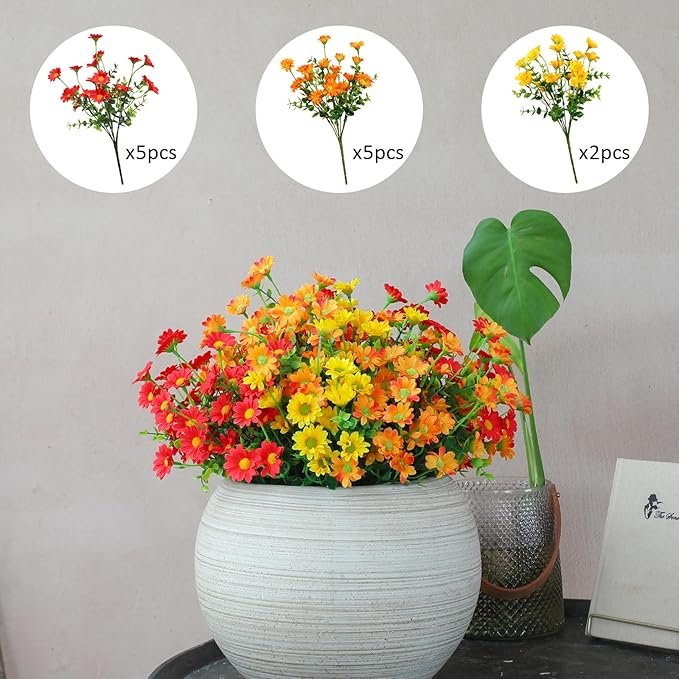 alyptus Faux Flowers Outdoor Artificial Flowers – 12 Bundles UV Resistant Fake Flowers for Spring Summer Planter Porch Patio Yard Garden Decoration(Red 5, Orange 5, Yellow 2)