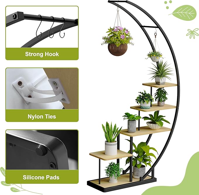 JACK&JULIA Plant Stand, Half Moon 5 Tier Tall Metal Plant Shelf with 3 Hooks, Large Curved Shape Rack Plant Holder for Living Room, Garden, Patio, Balcony