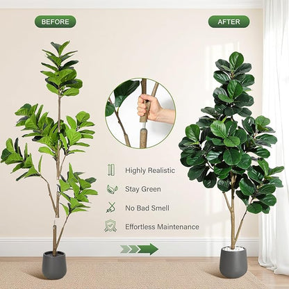 6 ft Fiddle Leaf Fig Tree Artificial with 108 Leaves - Realistic Faux Ficus Lyrata Trees in 9 in Grey Planter Pot, Indoor Fake Floor Plants for Home Office Living Room Decor, Housewarming Gift