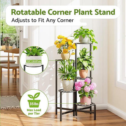 Plant Stand Indoor Outdoor, 5 Tier Corner Metal Flower Display Holder Stand, Folding Tall Plant Rack for Patio Balcony Porch Garden Living Room House, Heavy Duty Wrought Iron Plant Shelf - BlackS