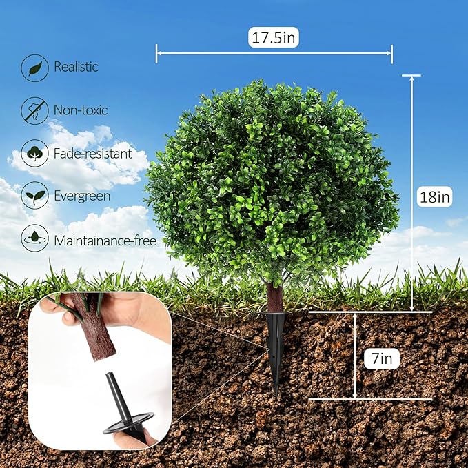 LadyRosian Artificial Boxwood Topiary Tree, 25 Inch 2 Set Outdoor Faux Boxwood Bush Plants,Indoor Ball Trees with Ground Spike, Fake Potted for Home Front Porch Decor Outside Garden