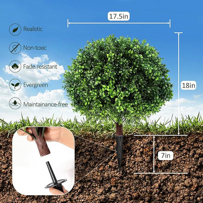 LadyRosian Artificial Boxwood Topiary Tree, 25 Inch 2 Set Outdoor Faux Boxwood Bush Plants,Indoor Ball Trees with Ground Spike, Fake Potted for Home Front Porch Decor Outside Garden