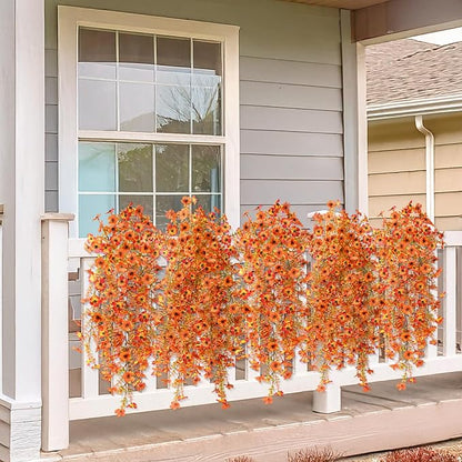 Artificial Fall Fake Flowers for Outdoor, 2 Pcs Fake Mums Faux Hanging Flowers Outdoor Fall Decor, UV Resistant Silk Flower for Front Door Porch Planters Patio Yard Garden(Orange Sunset Red)
