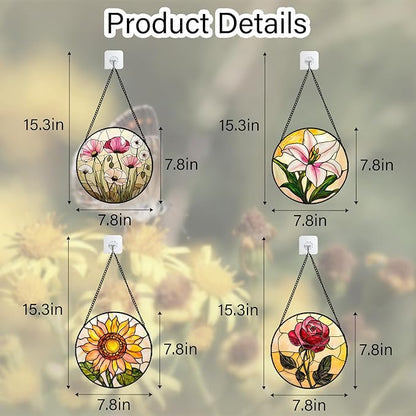 Stained Glass Window Hanging 4 Pcs Set Lily Rose Sunflower Poppy 7.8" - Flower Suncatcher Door Garden Sun Catcher Decor Birthday Mother's Day for Wife Woman Nana Girl