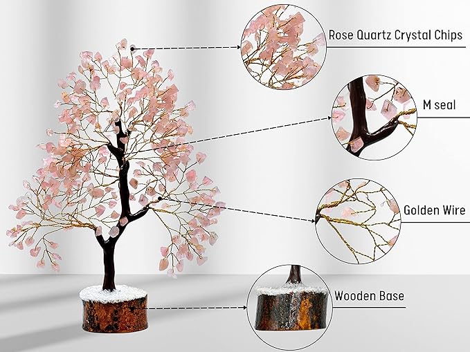 Amazing Gemstone Rose Quartz Tree Fung Shui Crystal Money Tree for Positive Environment, Healing Energy (Gift-Box Added)