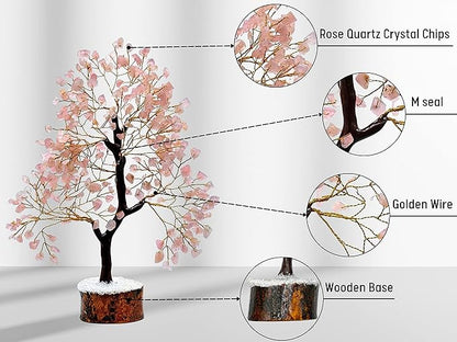 Amazing Gemstone Rose Quartz Tree Fung Shui Crystal Money Tree for Positive Environment, Healing Energy (Gift-Box Added)