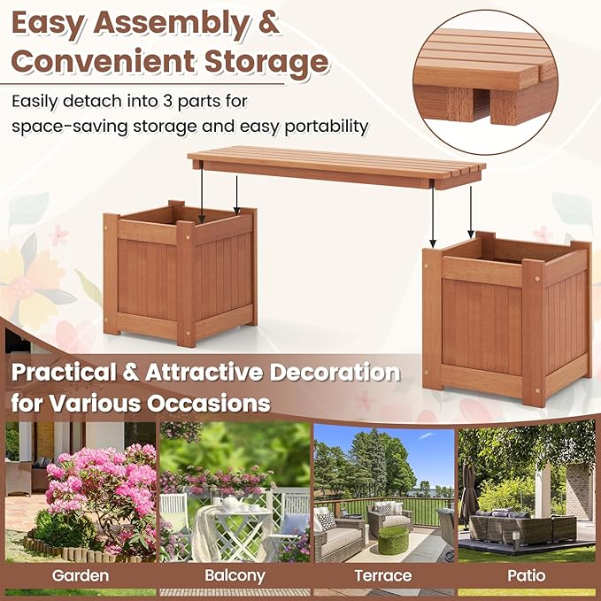 Planter Box Bench Outdoor, Wood Patio Bench with 2 Wood Planter Boxes, Raised Plant Container Garden Bench for Outdoor, Patio, Yard, Deck & Balcony