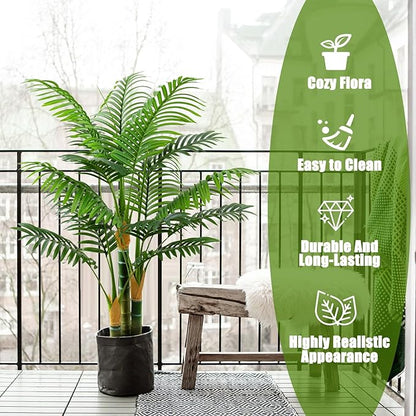 4ft Tall Golden Cane Artificial Tree Palm Outdoor, Large Artificial Plants Outdoor Faux Palm Tree with 3 Textured Trunks, Fake Tree for Indoor Outdoor Office Living Room Outside Patio