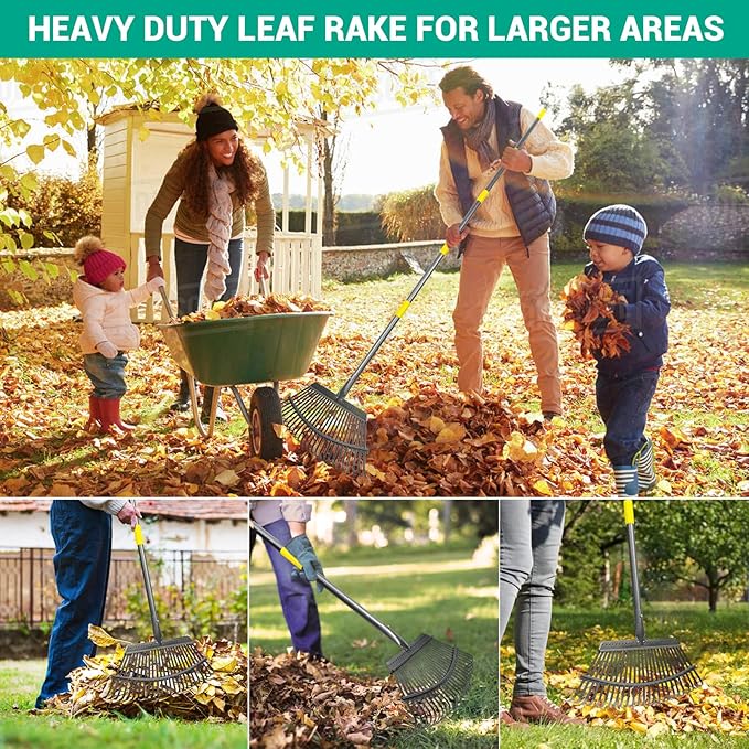 Adjustable Garden Rake for Leaves 36-73" Long Handle, 18" Wide, Heavy Duty with 25 Metal Tines ，Includes 32Gallon Leaf Bags，Designed for Lawns, Grass, Shrubs ，Flower Beds