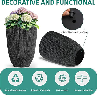 19.1" H Mediterranean Black Round Planter for Outdoor Plants,Set of 2 Large Flower Pot with Drainage Hole,Weather-Resistant for Porch,Garden,Patio or Indoor Use, Ideal for Christmas Decoration.