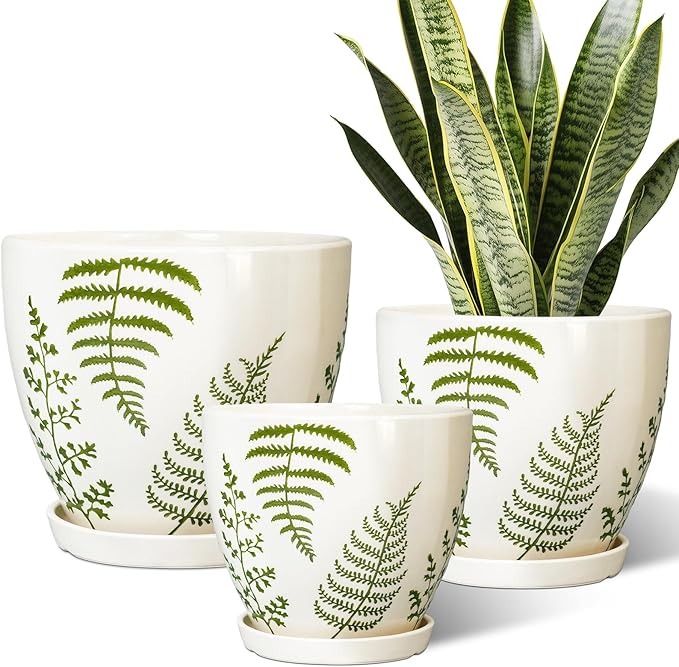 Ceramic Plant Pots Indoor - 10+8+6 Inch Ceramic Planters for Outdoor Flowers, Boho Round Decorative Flower Pots with Drainage Holes and Saucers, Plant Lover Gifts, Patio Decor, Set of 3, White