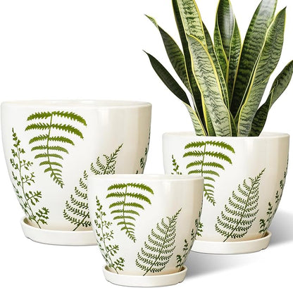 Ceramic Plant Pots Indoor - 10+8+6 Inch Ceramic Planters for Outdoor Flowers, Boho Round Decorative Flower Pots with Drainage Holes and Saucers, Plant Lover Gifts, Patio Decor, Set of 3, White