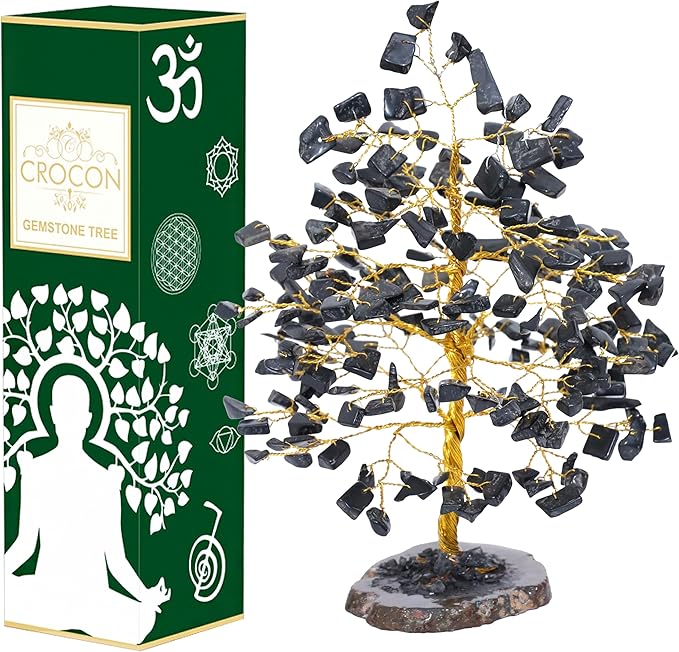 Black Tourmaline Gemstone Tree of Life With Geode Agate Slice Base - Crystal for Positive Energy, Feng Shui Decor, Chakra, Good Luck, Money Bonsai, Healing Stone, Spiritual Gem