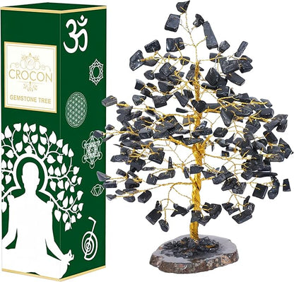 Black Tourmaline Gemstone Tree of Life With Geode Agate Slice Base - Crystal for Positive Energy, Feng Shui Decor, Chakra, Good Luck, Money Bonsai, Healing Stone, Spiritual Gem