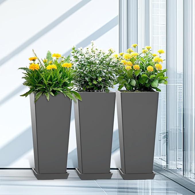 24 Inch Tall Tapered Square Planters (Set of 2) - Indoor Outdoor Large Flower Pots with Built-in Drainage & Matching Water Tray for Patio, Garden, Home - Gray