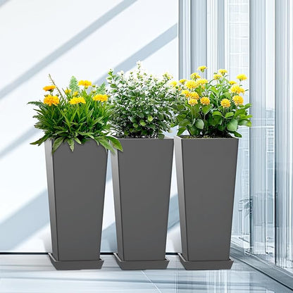 24 Inch Tall Tapered Square Planters (Set of 2) - Indoor Outdoor Large Flower Pots with Built-in Drainage & Matching Water Tray for Patio, Garden, Home - Gray
