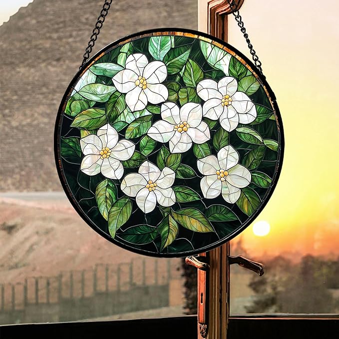 Stained Glass Suncatcher, Green Plants White Gardenia Sun Catcher Flower Stain Glass Window Hanging Decoration Mother's Day Birthday Gifts for Women Men Mom Nana 15 in