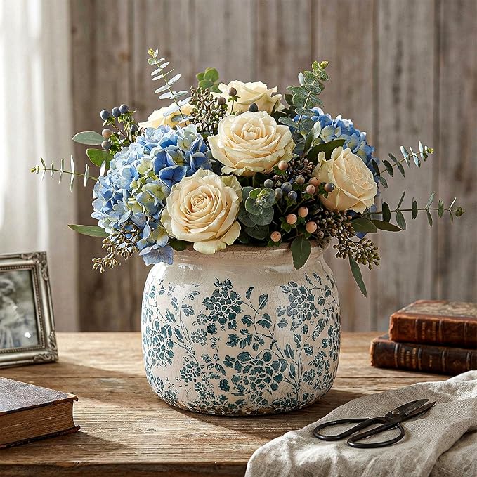 7.7" Large Ceramic Plant Pot Beige Green Vintage Peony Crackle Glaze Rustic Flowers Pot Decorative Planter with Drainage for Indoor Outdoor Plants Home Kitchen Office Decor Gift